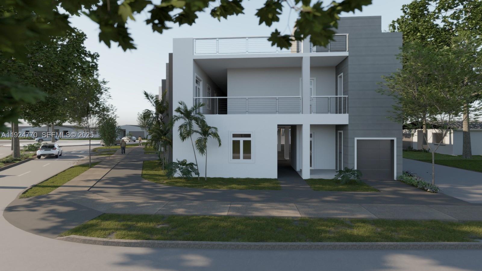 A digital rendering of a modern two-story townhouse with a flat roof and private balconies — 17611 SW 102 Ave, Perrine FL 33157, PERRINE, FL