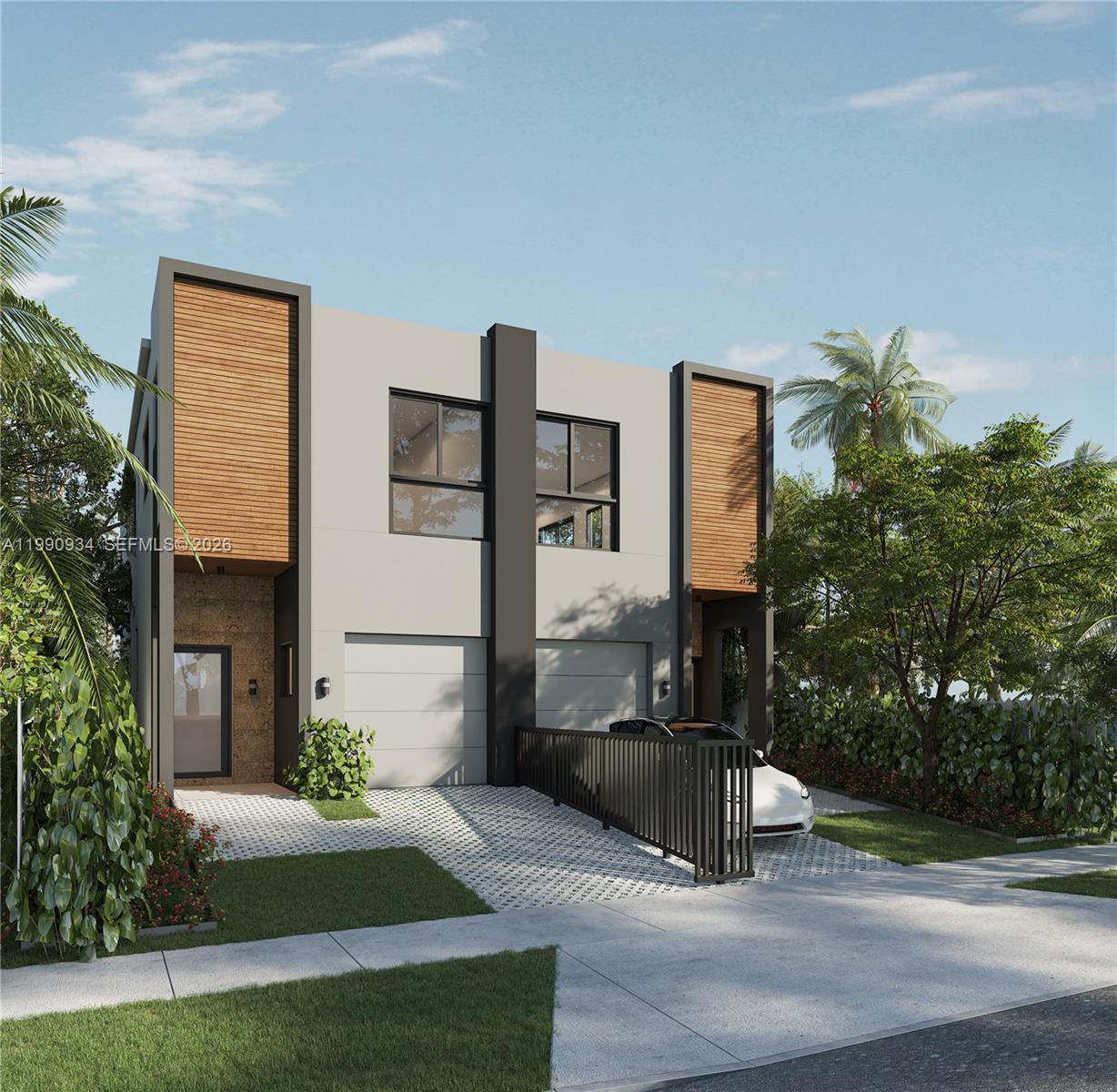This is a rendering of a modern two-story duplex with wood accents and attached garages — 2768 SW 33rd Ave, Miami FL 33133, MIAMI, FL
