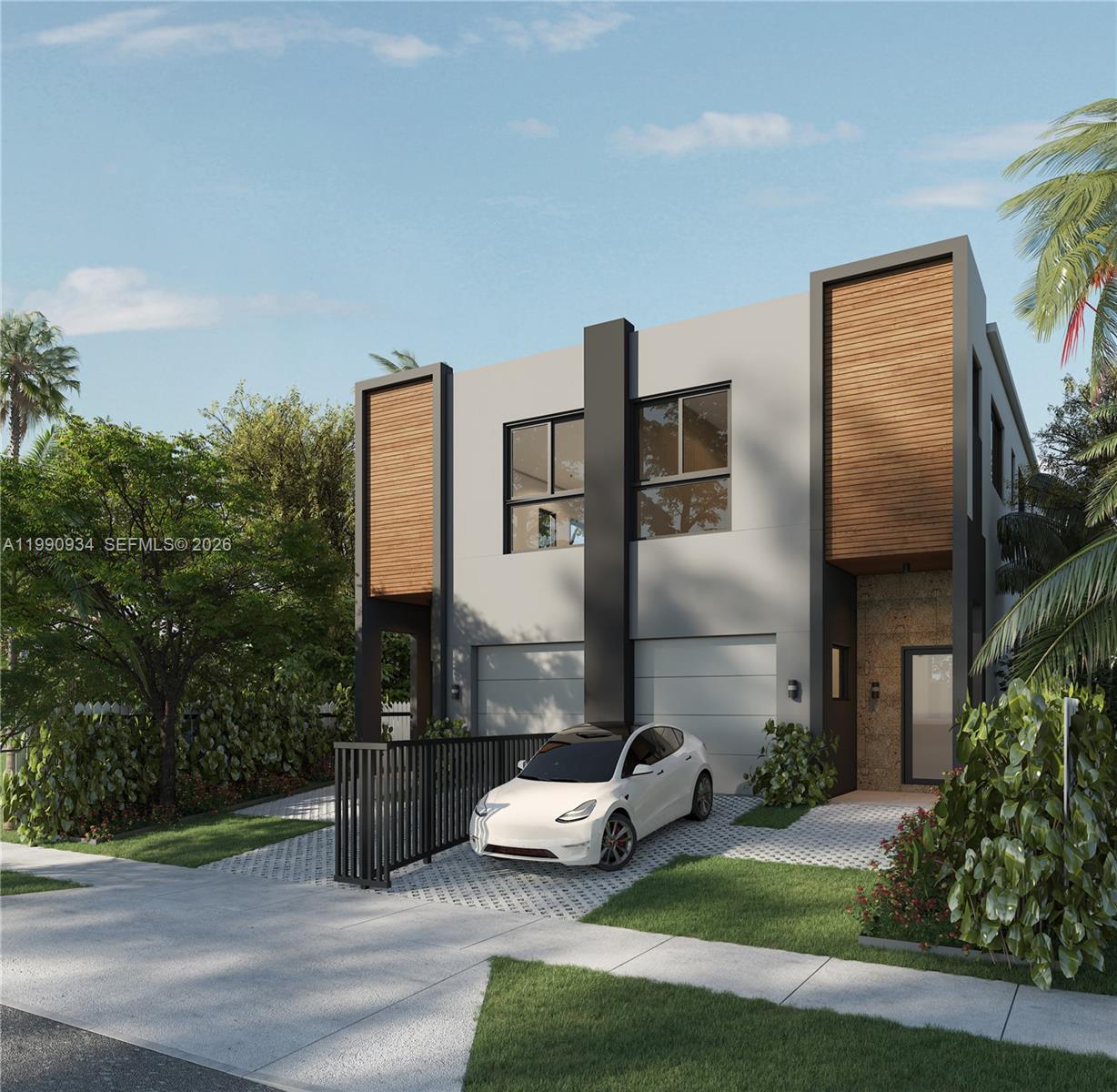 A rendering of a modern two-story duplex with wood accents, gray walls, and a white car — 2768 SW 33rd Ave, Miami FL 33133, MIAMI, FL