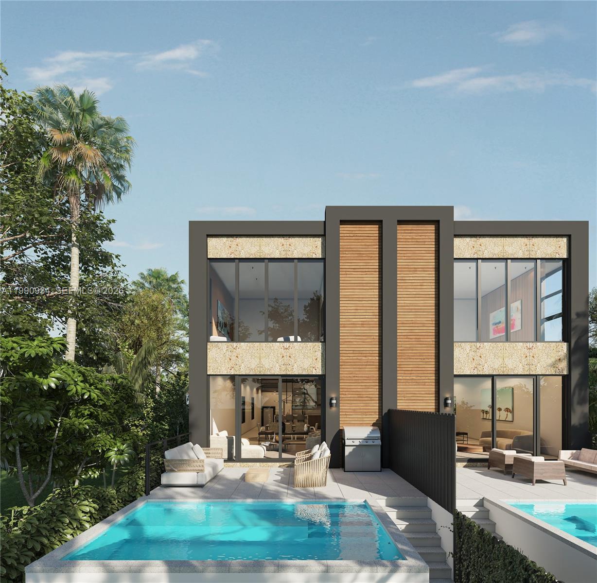 A rendering of the exterior of a modern two-story home with pools and patios — 2768 SW 33rd Ave, Miami FL 33133, MIAMI, FL