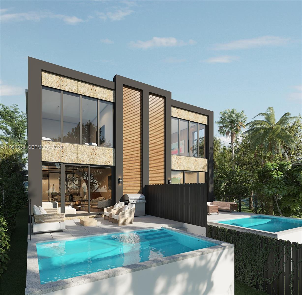 A rendering of a modern duplex with two private pools and outdoor seating areas — 2768 SW 33rd Ave, Miami FL 33133, MIAMI, FL