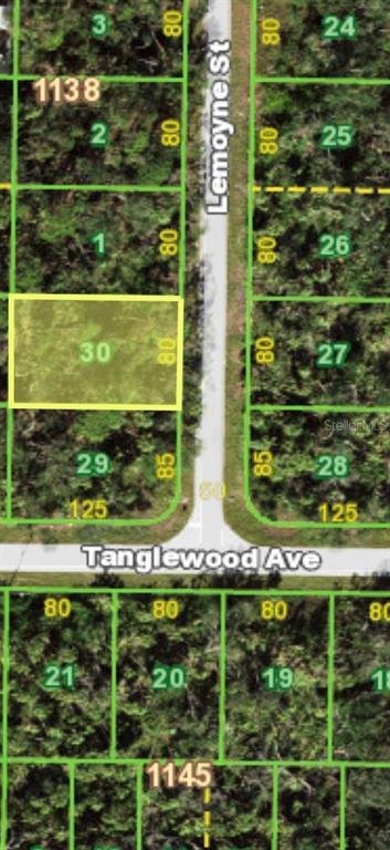 This is an aerial map showing a highlighted vacant lot located at a street intersection — 449 LEMOYNE STREET, PORT CHARLOTTE, FL