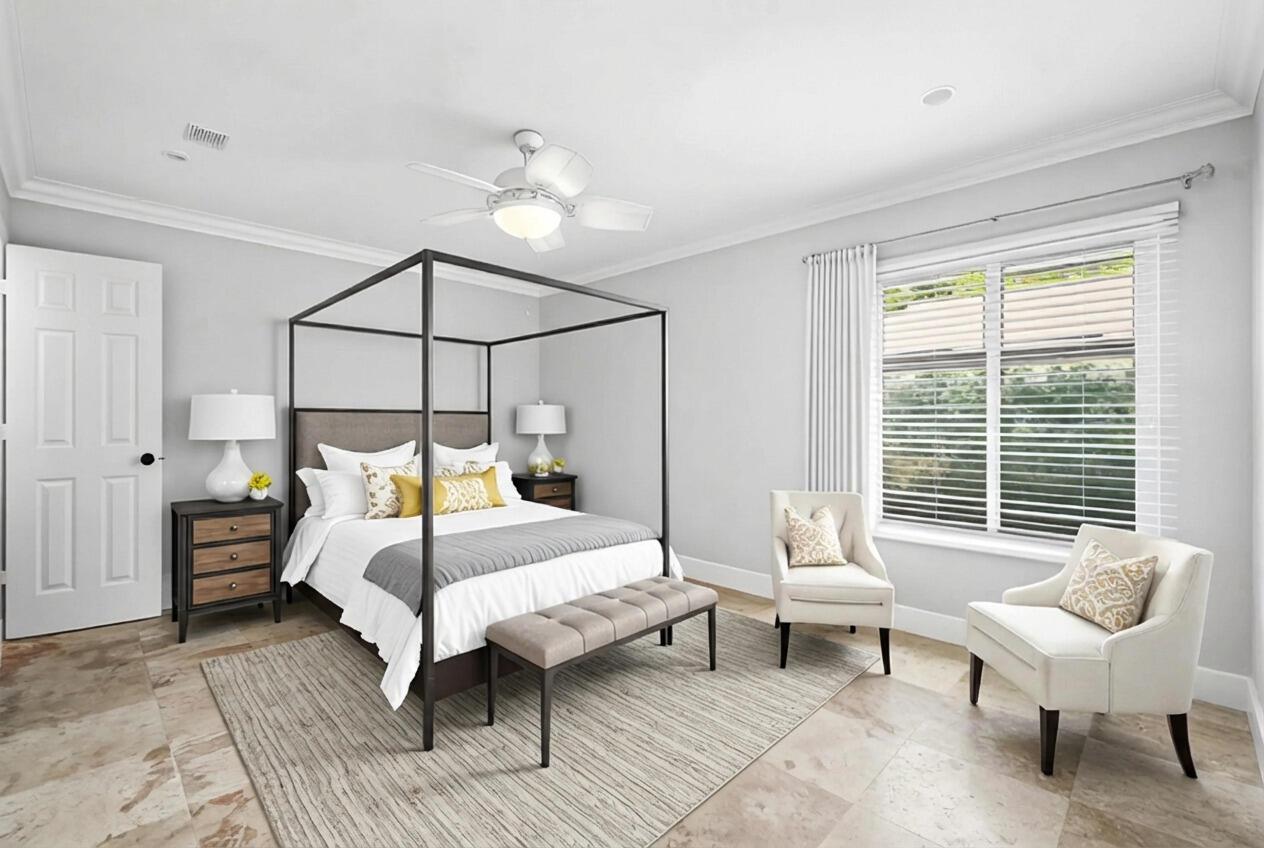 A bedroom features a canopy bed, two armchairs, a bench, and tile flooring — 8411 Garden Gate Place, Boca Raton FL 33433, BOCA RATON, FL