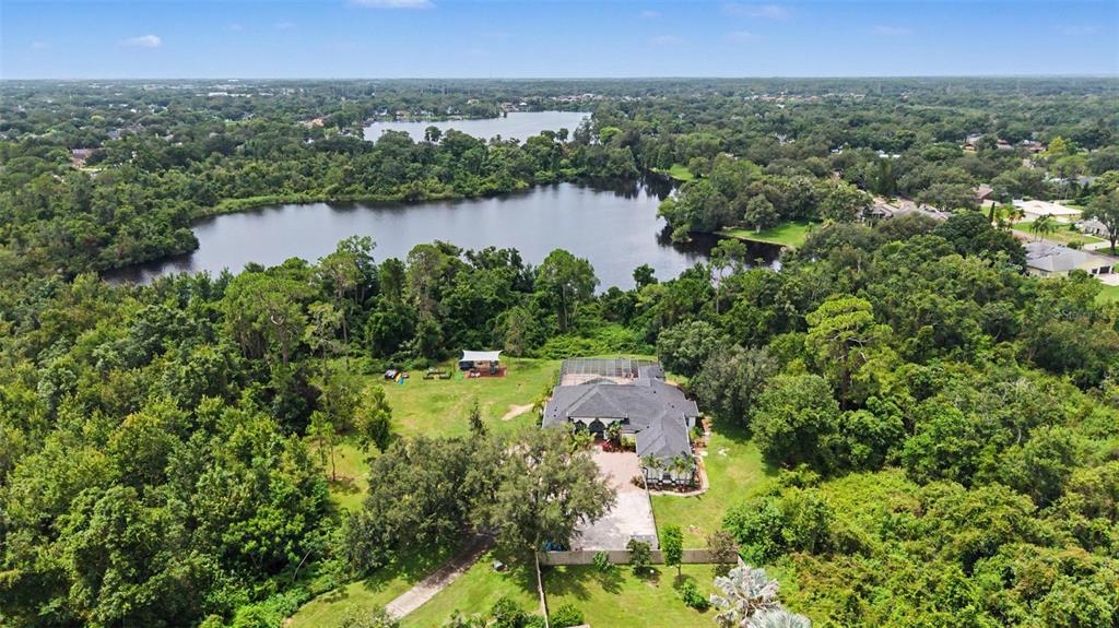 An aerial view shows a house with a pool enclosure situated near a large lake — 15532 LAKE GRACE DRIVE, ODESSA, FL
