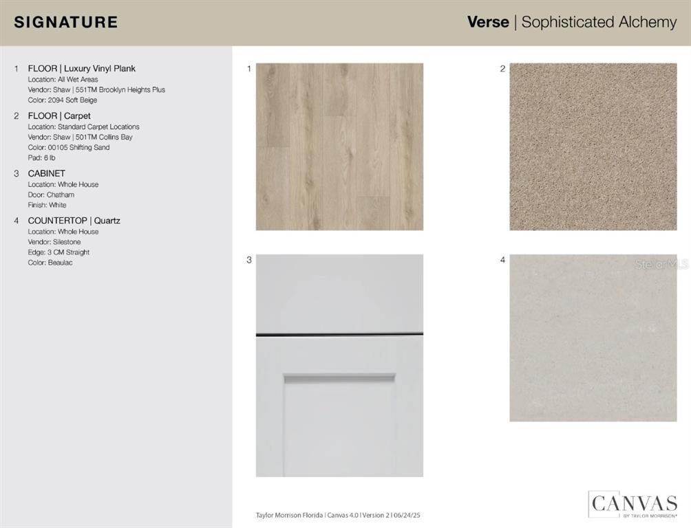 This design board displays samples of luxury vinyl plank, carpet, white cabinets, and quartz countertops — 6753 EQUINOX LANE N, NORTH FORT MYERS, FL