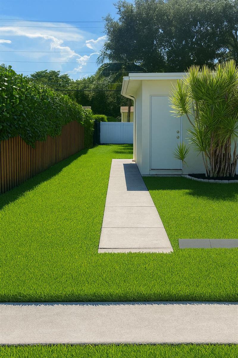 A concrete walkway leads to a shed door in a backyard with artificial grass — 4961 SW 28th Terrace # 2, Dania Beach FL 33004, DANIA BEACH, FL
