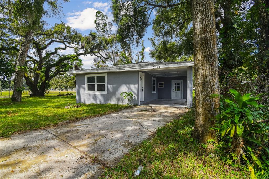 A single-story gray house with a carport and a concrete driveway sits among large trees — 6502 N 31ST STREET, TAMPA, FL