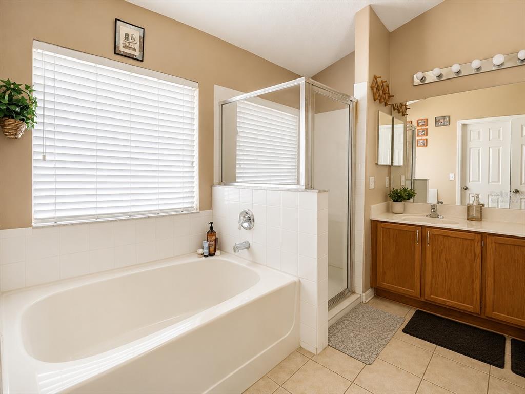 A bathroom features a white soaking tub, a glass-enclosed shower, and a wooden vanity — 531 SILVER PALMS CIRCLE, DAVENPORT, FL