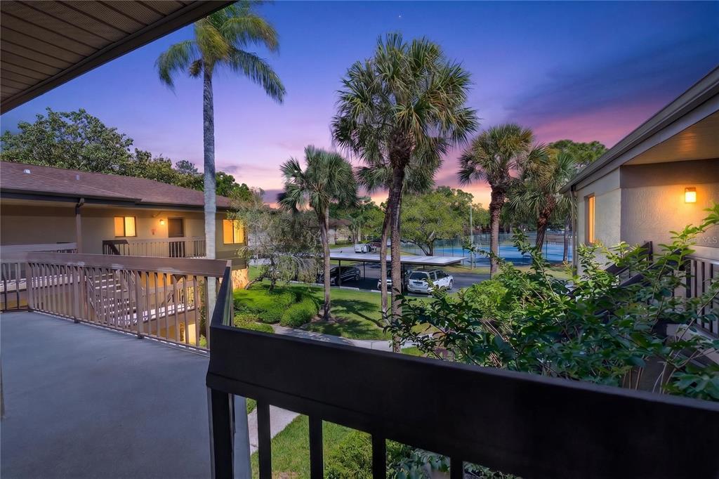 A view from a balcony overlooking a parking area, palm trees, and a tennis court — 2691 SABAL SPRINGS CIRCLE UNIT 201, CLEARWATER, FL