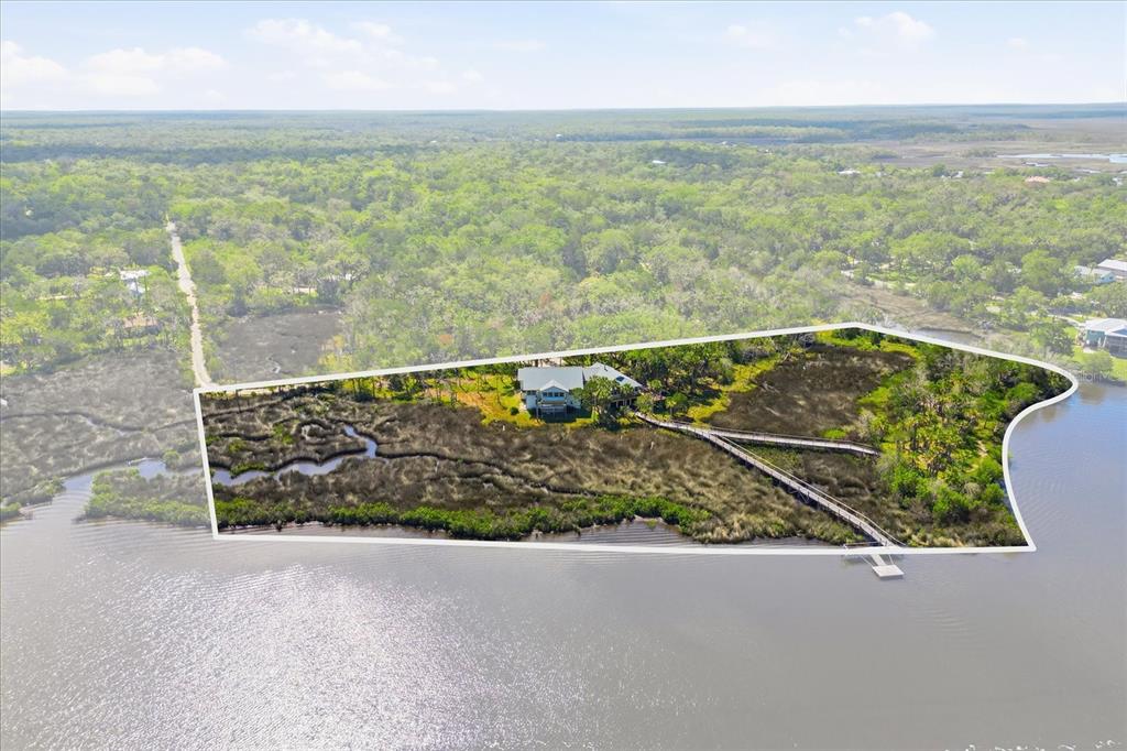 An elevated house with a wooden walkway sits surrounded by palm trees and tall grass — 12350 W RED MAPLE STREET, HOMOSASSA, FL