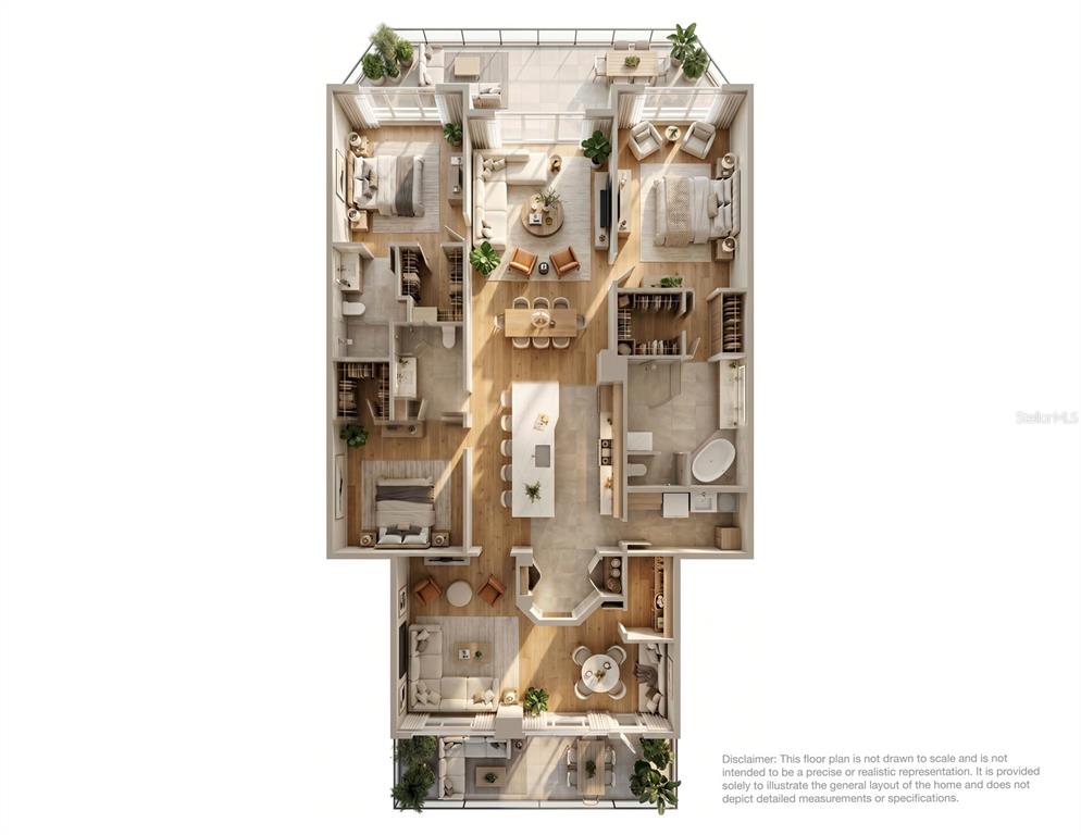 A 3D floor plan rendering of a luxury apartment featuring three bedrooms, bathrooms, and balconies — 4651 S ATLANTIC AVENUE UNIT 9203, PONCE INLET, FL