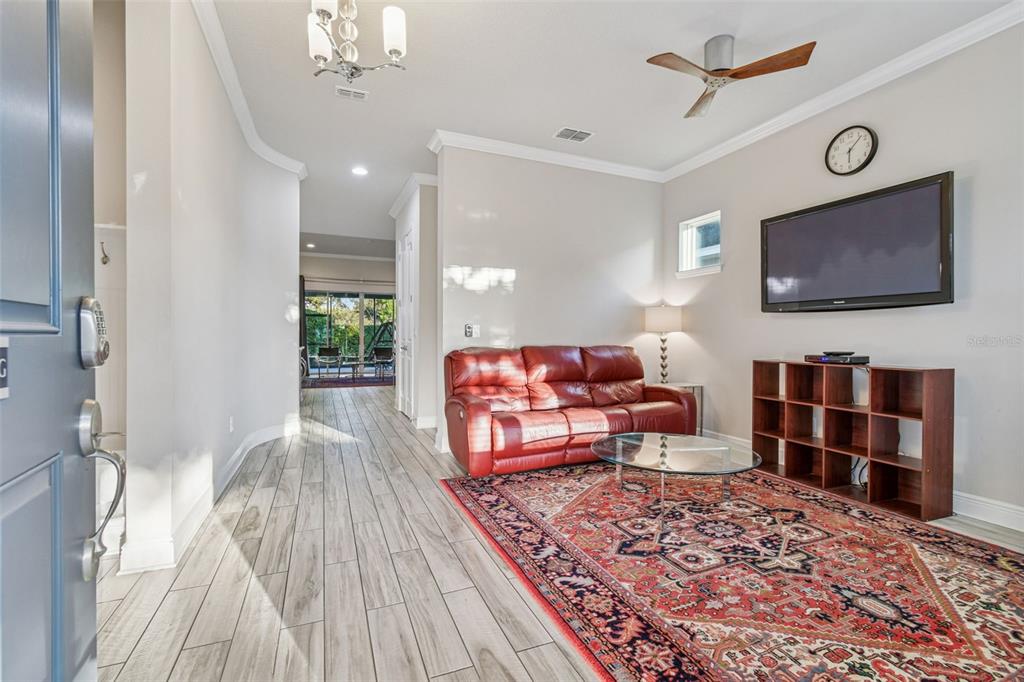 A living room features a red leather sofa, a patterned rug, and wood-look tile flooring — 6036 PLOVER MEADOW STREET, LITHIA, FL