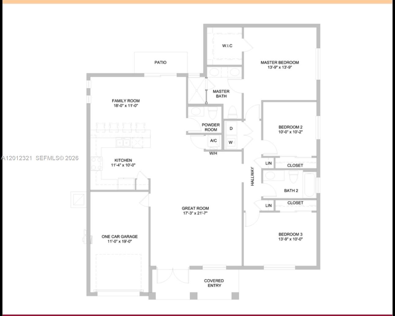 This is a floor plan for a three-bedroom home with a garage and patio — 11919 SW 231 lane, Miami FL 33170, MIAMI, FL