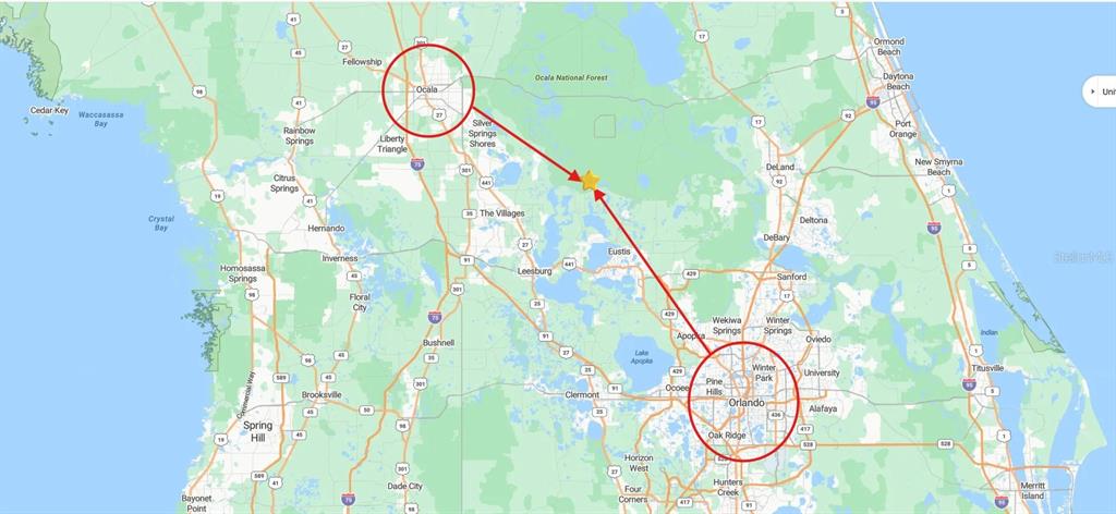 This map shows a red line connecting Ocala and Orlando with a star in between — 69 SE, OCKLAWAHA, FL