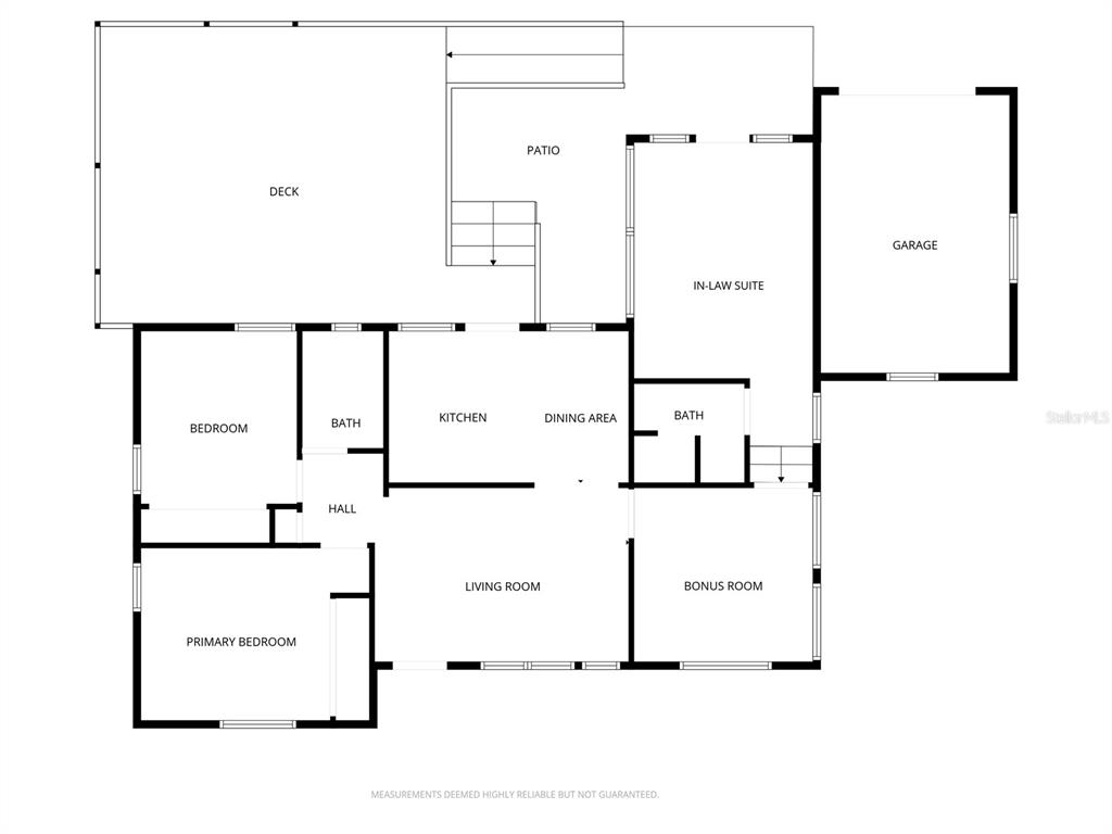 This is a floor plan showing a house layout with a deck, patio, and garage — 2800 TIFTON STREET S, GULFPORT, FL