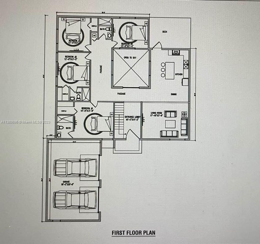 This is a floor plan of a house featuring a garage, four bedrooms, and a courtyard — 6453 SW 185th Way, Southwest Ranches FL 33332, SOUTHWEST RANCHES, FL