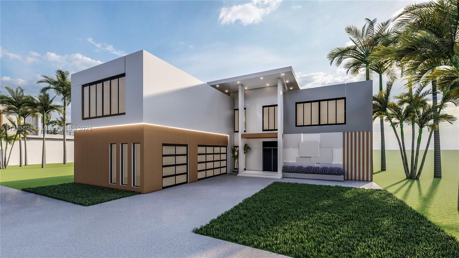 This is a digital rendering of a modern two-story house with a wood-paneled garage — 6453 SW 185th Way, Southwest Ranches FL 33332, SOUTHWEST RANCHES, FL