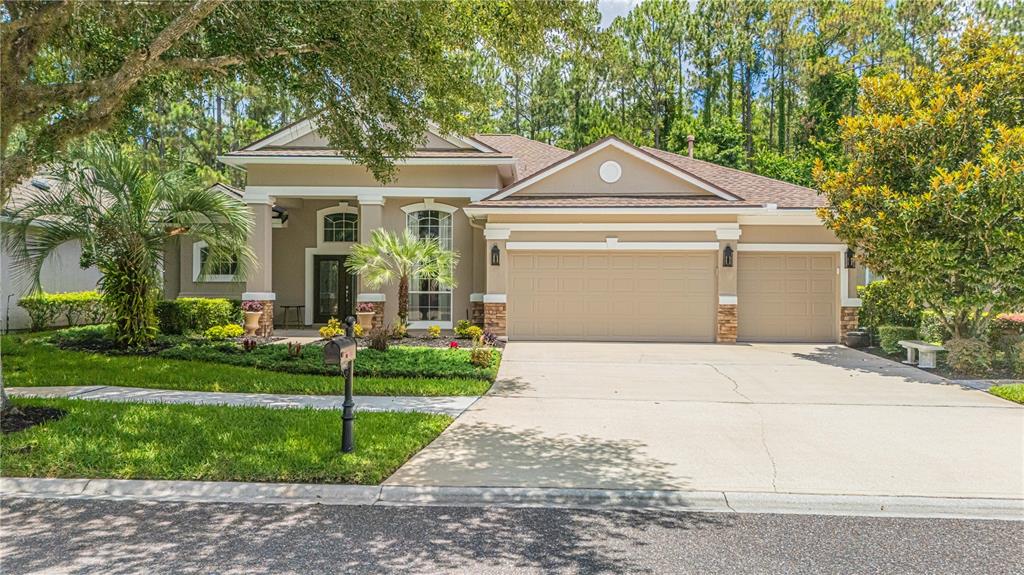 A single-story suburban house with a beige stucco exterior, a three-car garage, and landscaping — 14473 MAGNOLIA SPRINGS LANE E, JACKSONVILLE, FL
