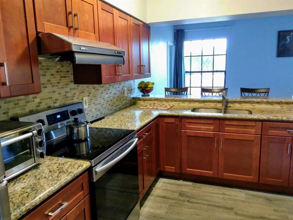 A kitchen features wood cabinets, granite countertops, a stainless steel stove, and a window — 3366 MERMOOR DRIVE UNIT 206, PALM HARBOR, FL