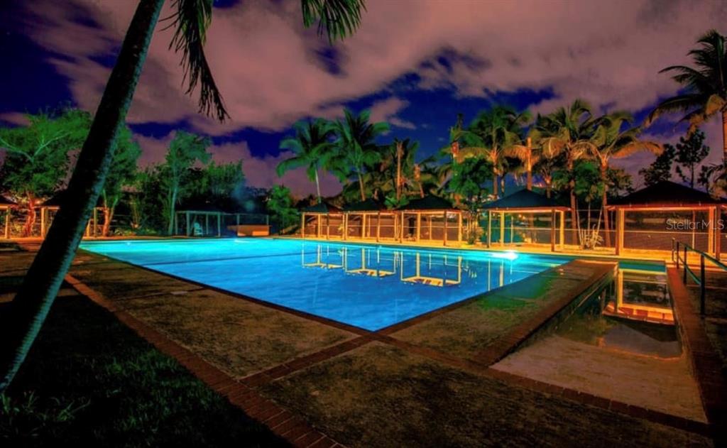 An outdoor swimming pool at night surrounded by palm trees and several covered cabanas — CARR 1,  KM 21.3 BO. LA MUDA, GUAYNABO, PR