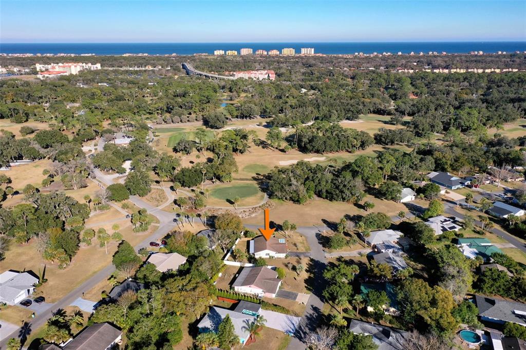 An aerial view shows a residential neighborhood with a house marked by an orange arrow — 15 CLARK LANE, PALM COAST, FL