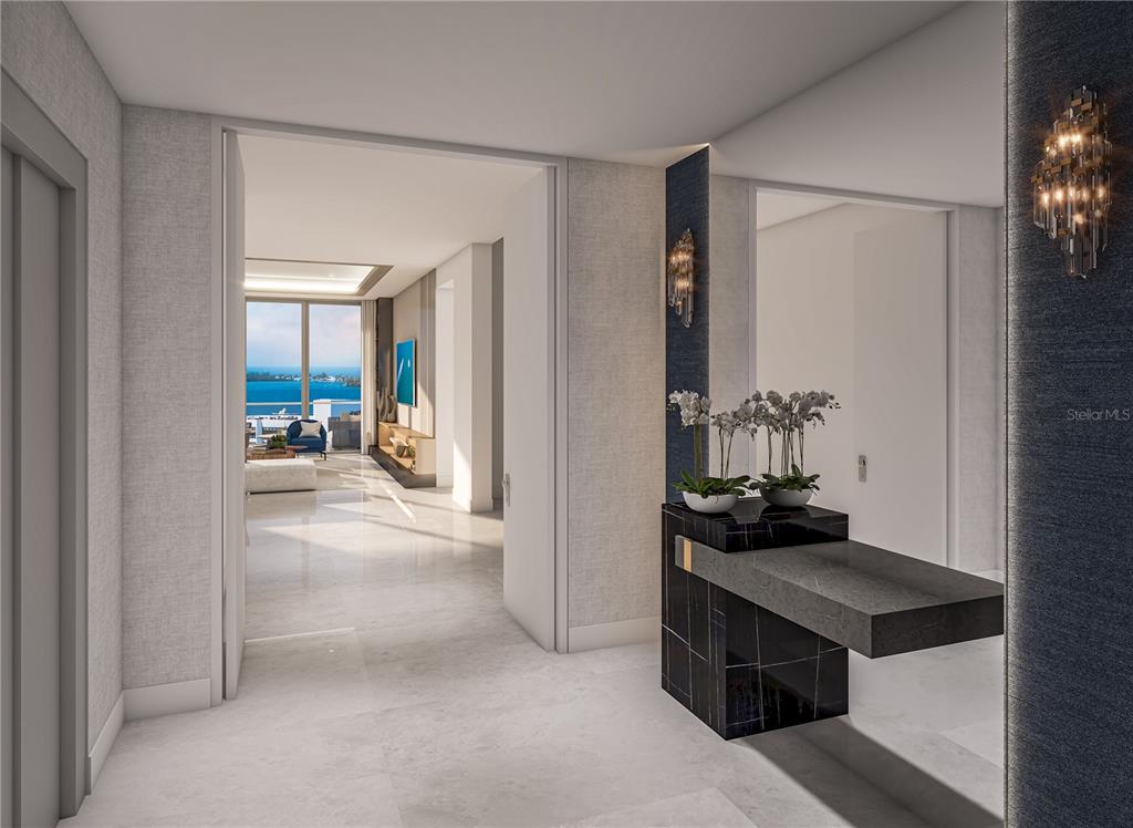 This rendering shows a modern entryway with a stone console table leading to a living area — 555 QUAY CMNS UNIT 1204, SARASOTA, FL