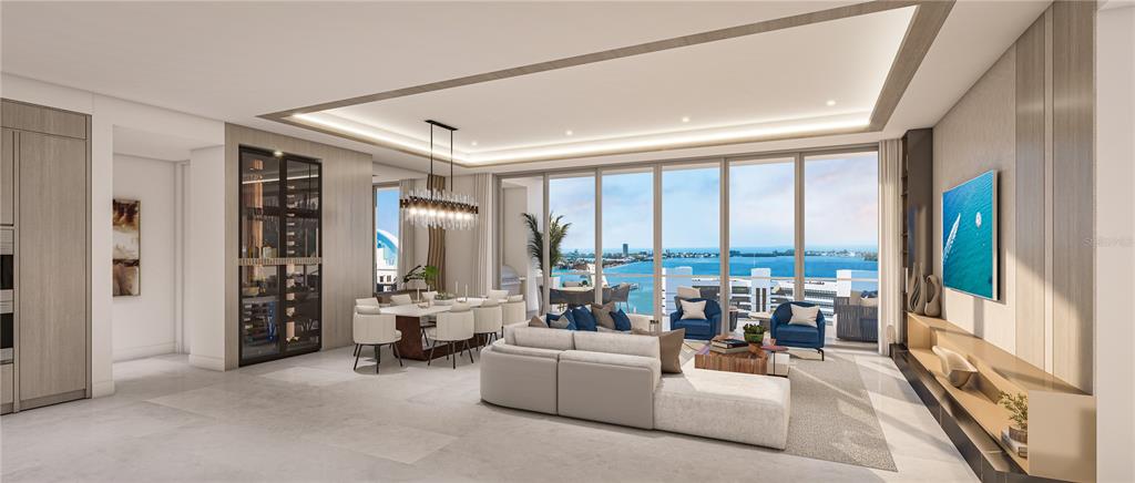 This rendering shows a modern open-concept living and dining area with floor-to-ceiling waterfront views — 555 QUAY CMNS UNIT 1204, SARASOTA, FL