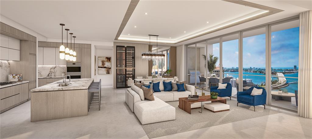 This rendering shows an open-concept living area with a modern kitchen, dining space, and balcony — 555 QUAY CMNS UNIT 1204, SARASOTA, FL