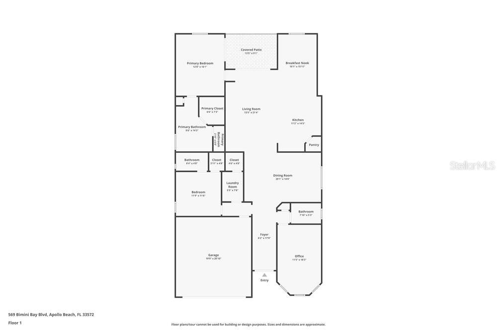 This is a floor plan for a single-story home with a garage and covered patio — 569 BIMINI BAY BOULEVARD, APOLLO BEACH, FL