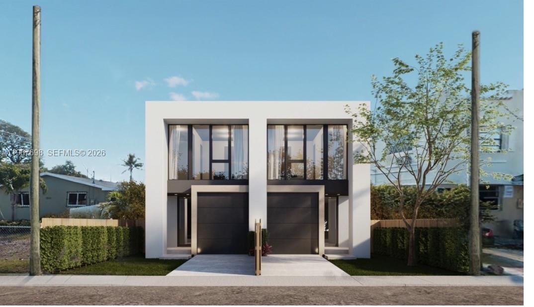 A rendering of a modern two-story duplex with a flat roof and two garage doors — 1810 NW 46 # A, Miami FL 33142, MIAMI, FL