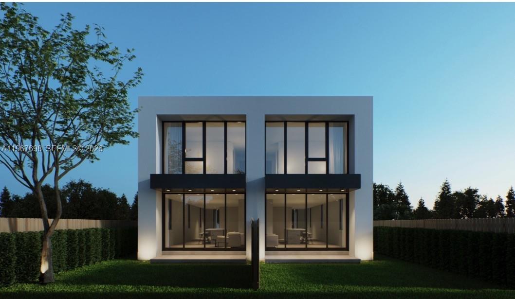 This is a rendering of the exterior of a modern two-story duplex with glass walls — 1810 NW 46 # A, Miami FL 33142, MIAMI, FL
