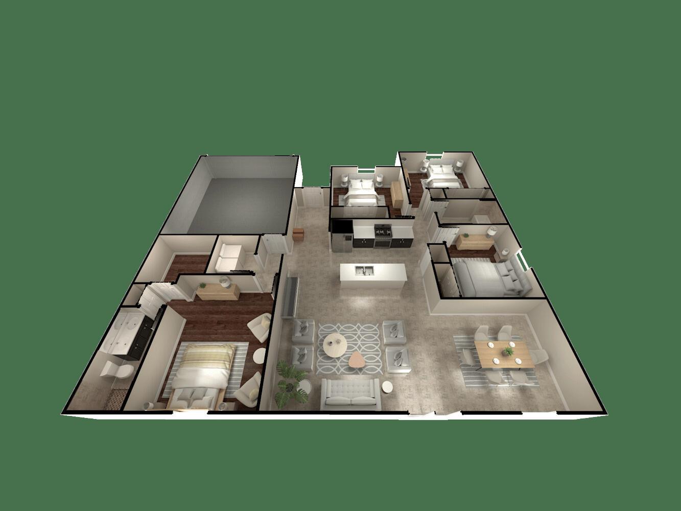 This 3D floor plan rendering shows a three-bedroom apartment with an open-concept living area — PORT ST. LUCIE, FL
