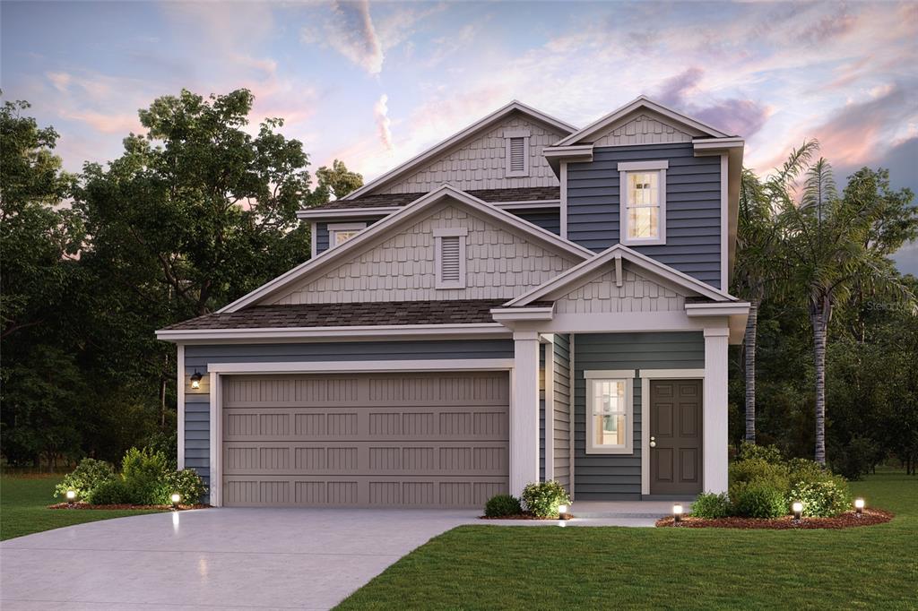 A digital rendering of a two-story suburban house with blue siding and a two-car garage — 1353 RIBBON PLACE, PALM COAST, FL