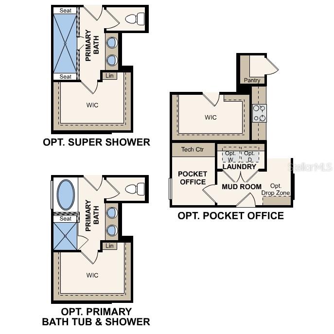This floor plan shows three optional configurations for a primary bathroom and a utility area — 1353 RIBBON PLACE, PALM COAST, FL