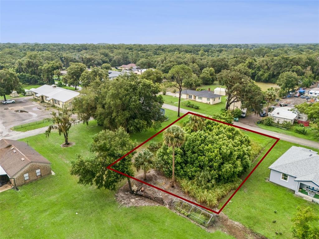 An aerial view shows a rectangular plot of land outlined in red, featuring dense vegetation — S GOODWIN STREET, LAKE HELEN, FL