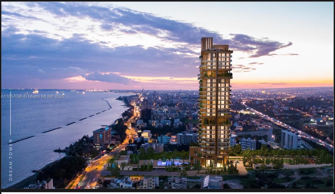 This is a rendering of a tall residential tower overlooking a coastal city at sunset — Limassol 12 ARCH Makariou # 12, FL 33180, FL