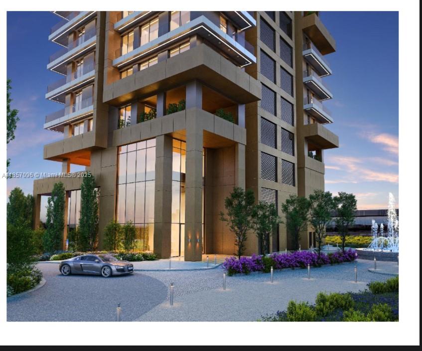 A digital rendering of a modern high-rise building exterior with a circular driveway and fountain — Limassol 12 ARCH Makariou # 12, FL 33180, FL