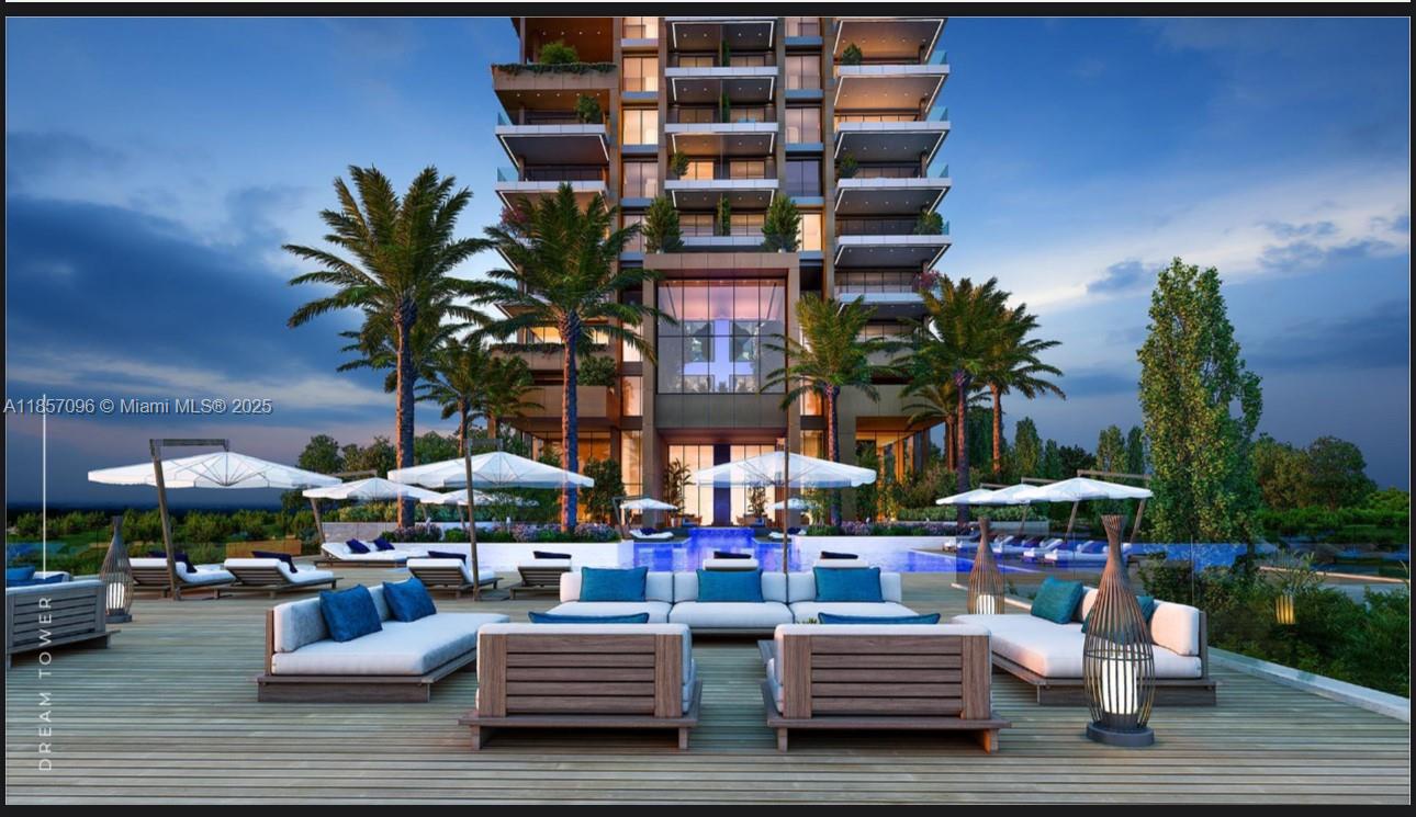 This rendering shows a modern outdoor pool deck with lounge seating and palm trees — Limassol 12 ARCH Makariou # 12, FL 33180, FL