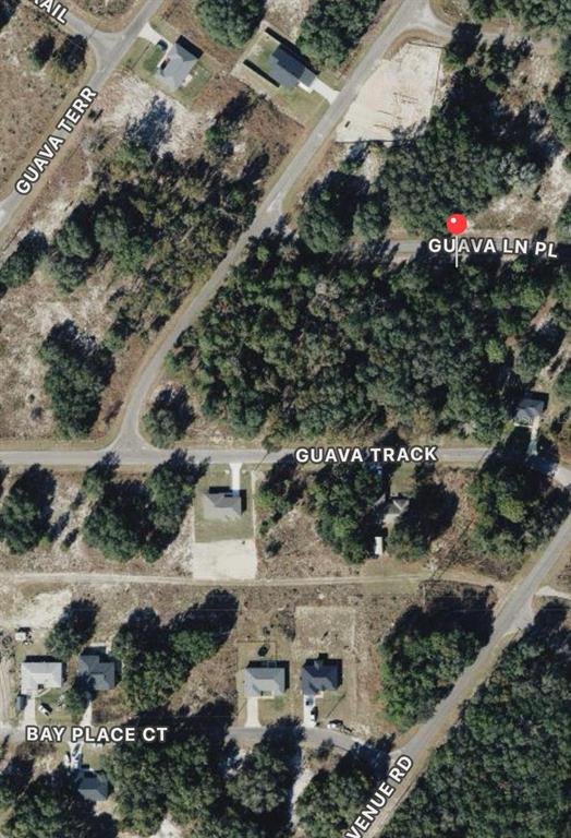 This is an aerial map view showing residential streets, wooded lots, and scattered houses — 0 GUAVA LANE PLACE, OCKLAWAHA, FL