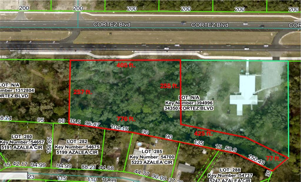 This is an aerial map showing property boundaries and dimensions for a plot of land — 000 CORTEZ BOULEVARD, DADE CITY, FL