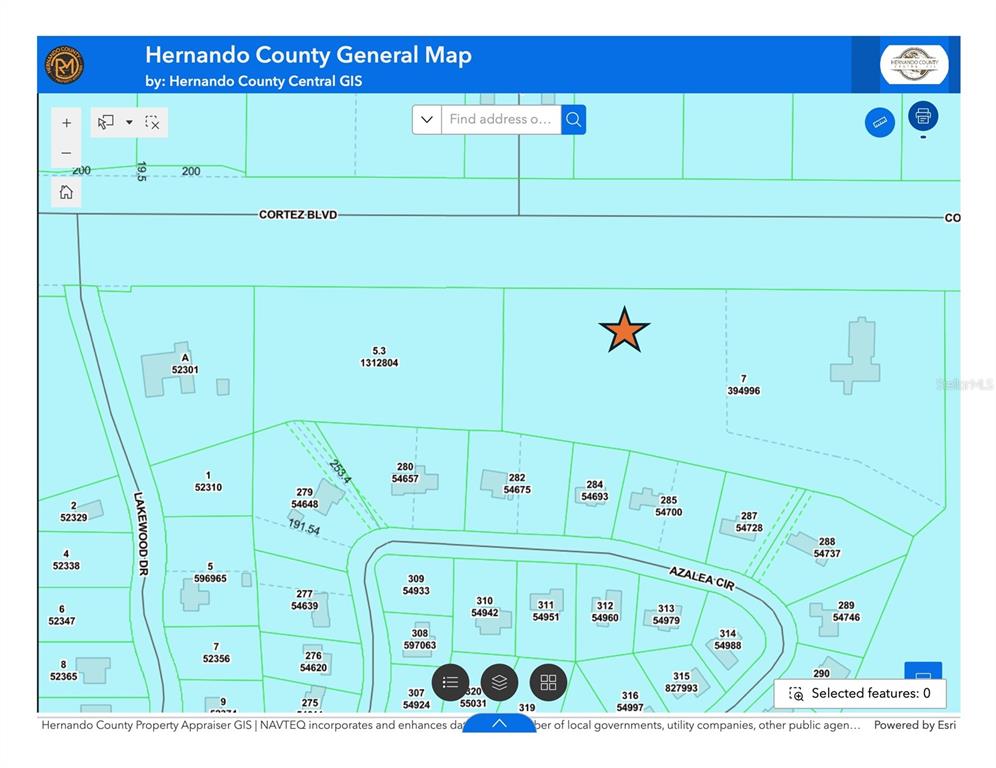 This is a digital property map showing parcel boundaries and street names in Hernando County — 000 CORTEZ BOULEVARD, DADE CITY, FL