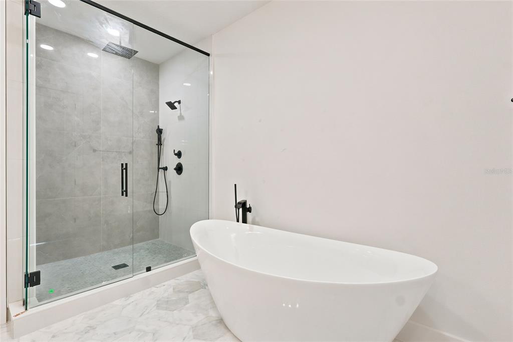 A modern bathroom features a glass-enclosed walk-in shower and a white freestanding soaking tub — 2138 W NASSAU STREET UNIT 2, TAMPA, FL