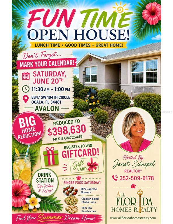 This flyer advertises an open house for a single-story suburban home with a landscaped yard — 8847 SW 104TH CIRCLE, OCALA, FL