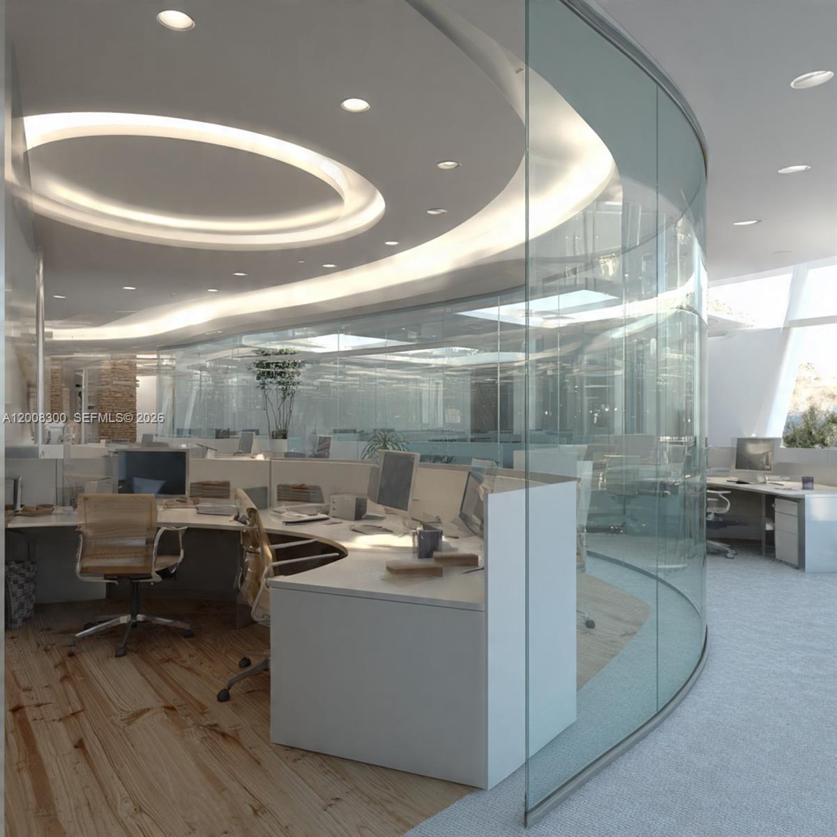 This is a rendering of a modern office space featuring curved glass walls and recessed lighting — 1501 Biscayne Blvd, Miami FL 33132, MIAMI, FL