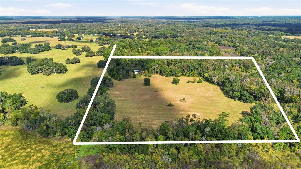 An aerial view shows a large, rectangular plot of land featuring a house and trees — 5505 CR 634S, BUSHNELL, FL