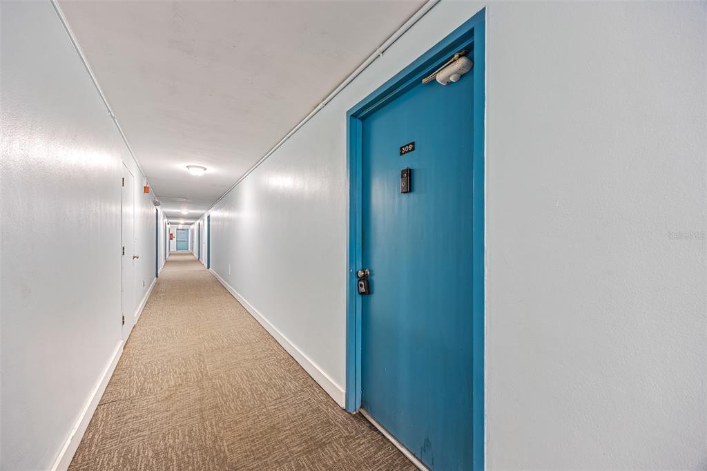 A long, carpeted apartment hallway features light blue walls and a bright blue door — 55 SEA PARK BOULEVARD UNIT 309, SATELLITE BEACH, FL