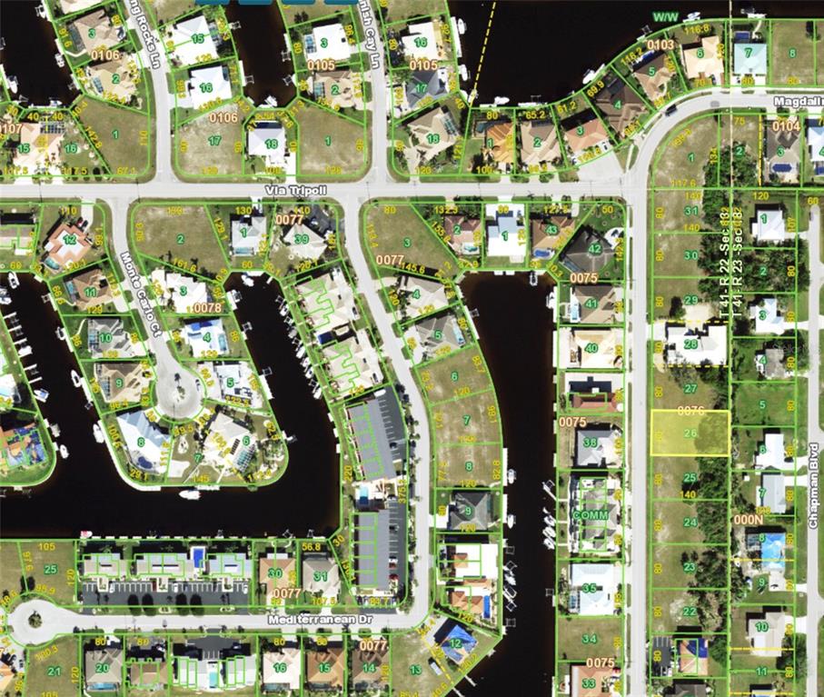 This is an aerial map showing residential properties, canals, and streets in a suburban neighborhood — 2517 MAGDALINA DRIVE, PUNTA GORDA, FL