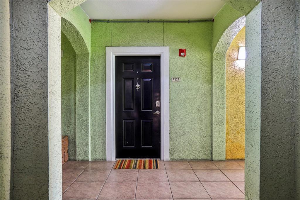 A black front door with a knocker is centered on a lime green stucco wall — 1810 E PALM AVENUE UNIT 5322, TAMPA, FL