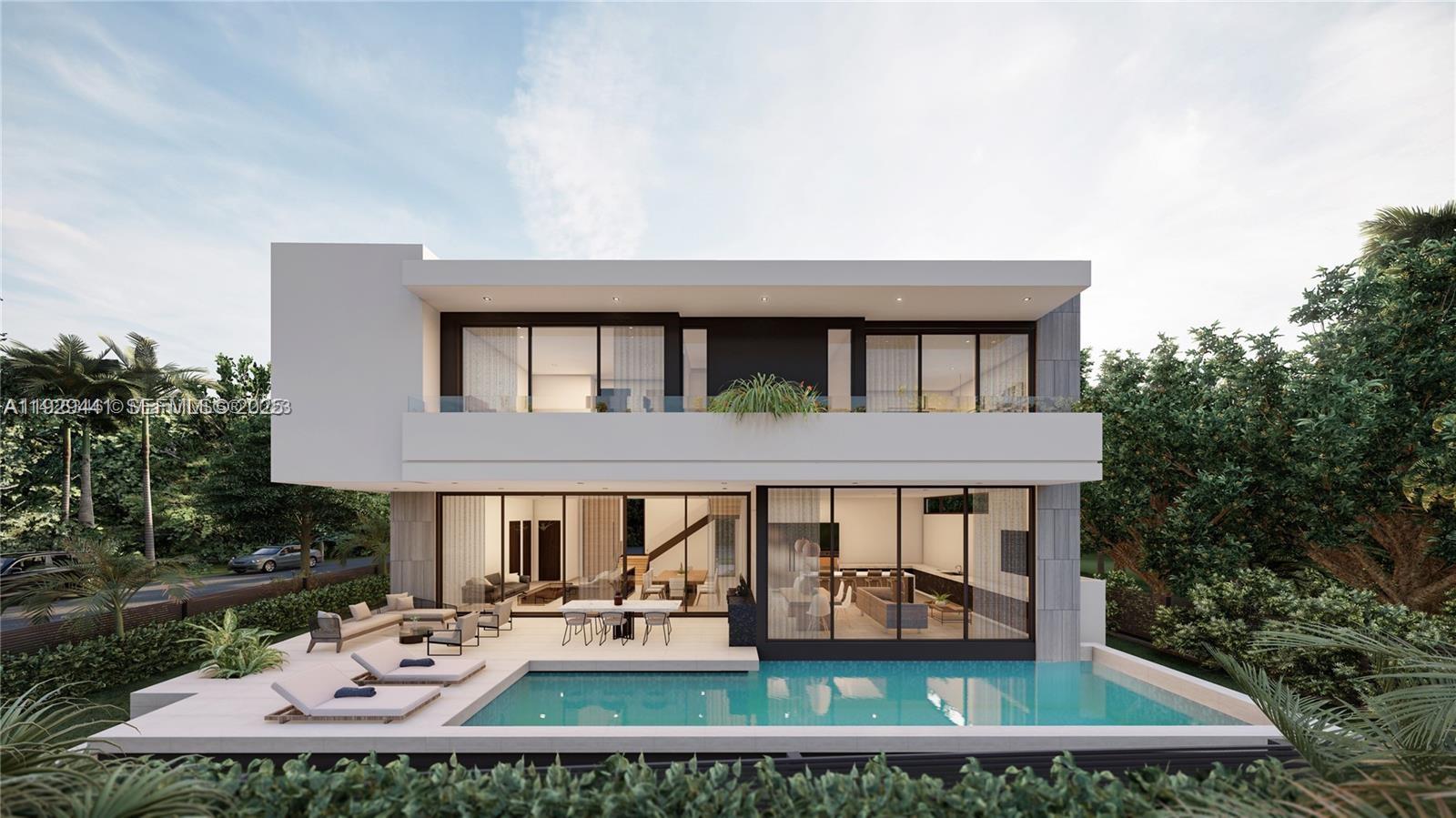This rendering shows the exterior of a modern two-story house with a pool and patio — 4470 Alton Rd, Miami Beach FL 33140, MIAMI BEACH, FL