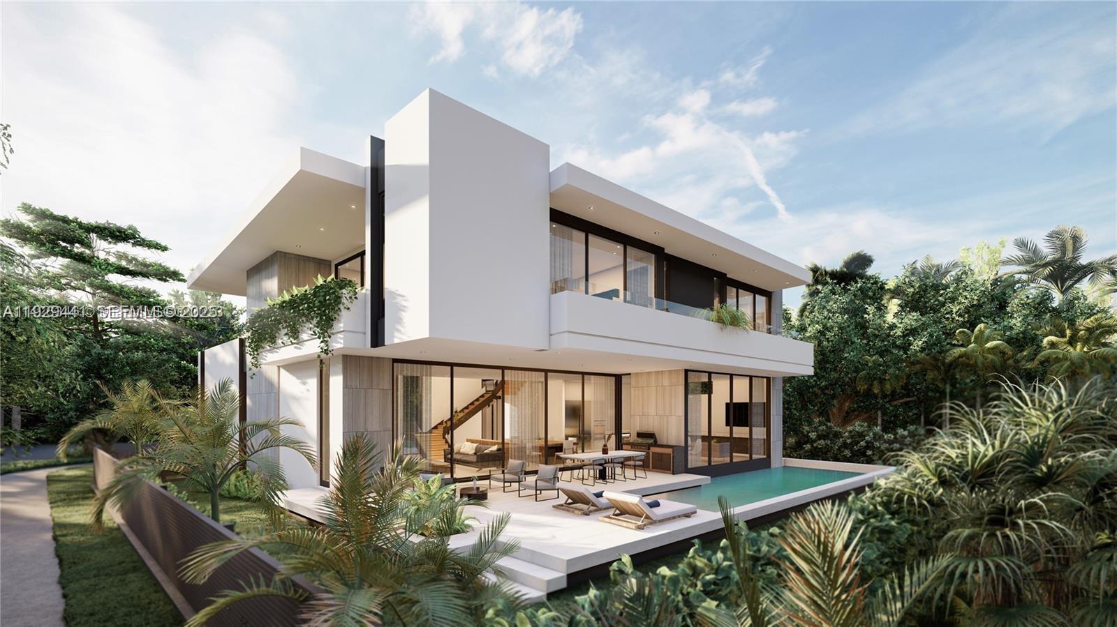 A rendering of a modern two-story house with a swimming pool and patio area — 4470 Alton Rd, Miami Beach FL 33140, MIAMI BEACH, FL